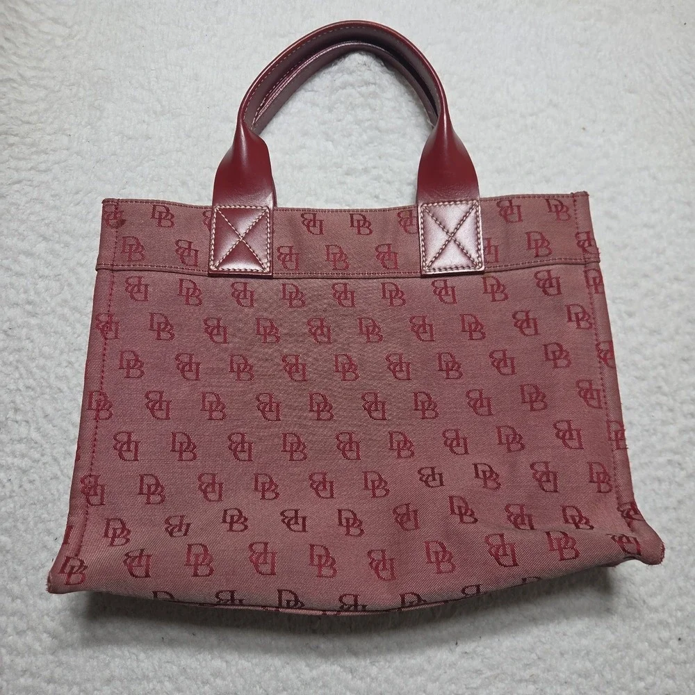 Dooney & Bourke Red Canvas Leather Trim Signature Tote Handbag Purse